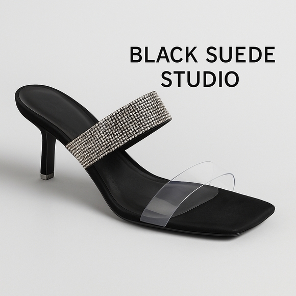 Black Suede Studio Sparkle Heels – Sack 5th  Designer Sandals Luxe Glam Size 6 5 - Picture 1 of 4